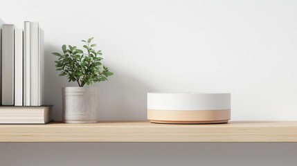 Compact smart hub on wooden shelf, surrounded by books and a small plant, blending seamlessly with modern decor, soft shadows enhancing texture and depth