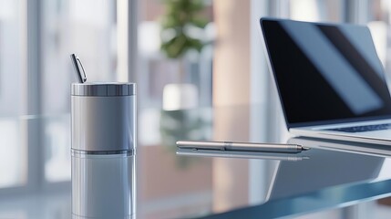 High-tech smart hub on glass desk in a home office, next to a laptop and pen holder, contemporary design, efficient and professional vibe