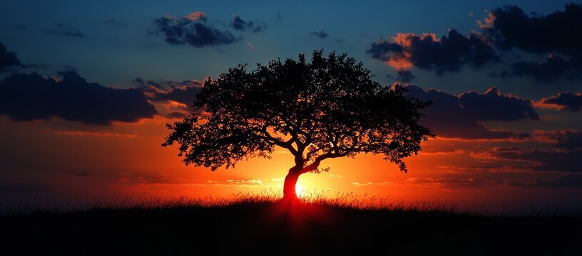 Solitary tree silhouetted against a vibrant sunset over a grassy field.