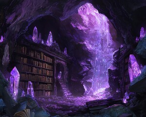 Hidden library cave with crystal formations, glowing books, underground waterfall, mystical runes, ethereal atmosphere