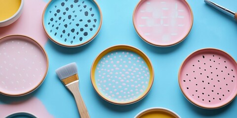 Pastel Geometric Ceramic Coasters with Craft Tools on Vibrant Background