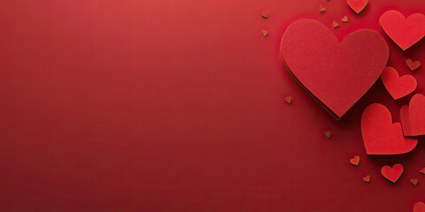 3D paper-cut valentine hearts on a red background, flat lay, top view. The hearts are in a red color, with a copy space concept, a simple design, and a minimal style