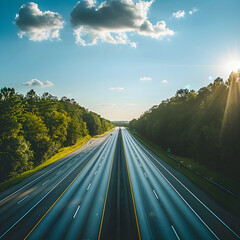 A Serene Journey: Modern Highway Stretching into the Horizon with Lush Trees and Clear Skies