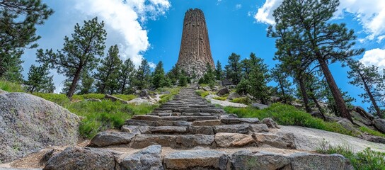 Stone steps leading to a towering rock formation under a vibrant blue sky, surrounded by lush greenery and tall trees.