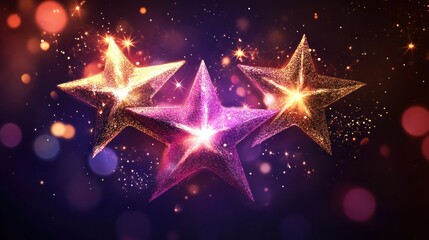 Three shimmering gold, pink, and purple stars on dark background with bokeh lights.