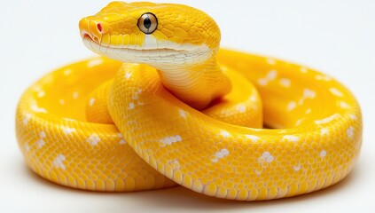 Fototapeta premium Bright Yellow Snake with Distinctive Patterns Coiled Elegantly on White Background Showing Natural Beauty and Serpentine Grace in a Studio Setting
