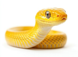 Naklejka premium Bright Yellow Snake with Smooth Scales on White Background, Captivating Reptile Close-Up, Fascinating Wildlife Photography for Nature Lovers and Educational Purposes