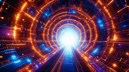 Obraz premium Futuristic Glowing Tunnel with Digital Light Patterns and Energy Portal