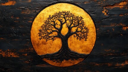 Carved tree of life symbol on dark wood background.