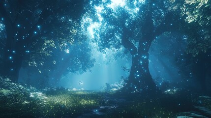 Obraz premium A vivid alien jungle with bioluminescent trees and a mysterious alien creature in the distance