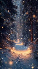 Naklejka premium Enchanting winter forest road with glowing blurred bokeh lights background.