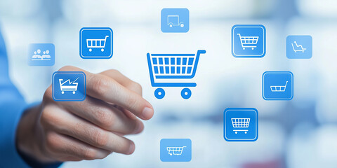 Fototapeta premium Preisstrategie und Geschäftsplanungskonzept. Geschäftsmann arbeitet an einer digitalen Schnittstelle mit Symbolen für globalen Handel, Kostenanalyse, Rabatte und Verkaufsoptimierung. E-Commerce, Preis