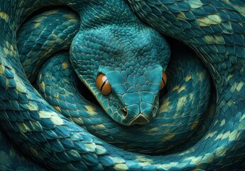Fototapeta premium Captivating Close-Up of a Vibrant Green Snake with Stunning Scales and Bright Orange Eyes, Showcasing Nature's Intricate Patterns and Colorful Beauty