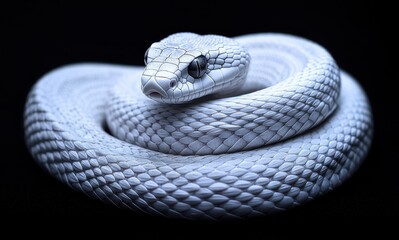 Fototapeta premium Captivating Close-up of an Elegant White Snake Coiled Gracefully Against a Dark Background, Showcasing Unique Scale Patterns and Intriguing Eyes