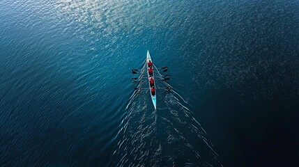 Aerial view of a rowing team in sync, gliding through tranquil waters, showcasing teamwork and athleticism.