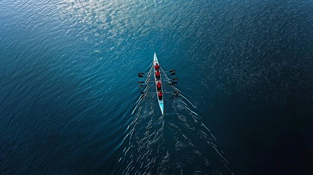 Aerial view of a rowing team in sync, gliding through tranquil waters, showcasing teamwork and athleticism. - Powered by Adobe