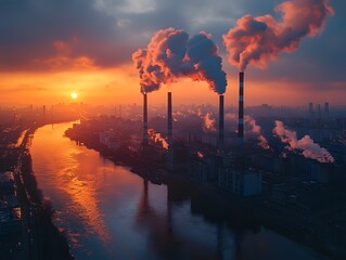 Aerial View of Futuristic Industrial Complex at Dramatic Sunset with Minimal Vapor Emissions