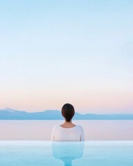 Fototapeta premium Serene Solitude Woman at Tranquil Lake Under Starry Night Sky