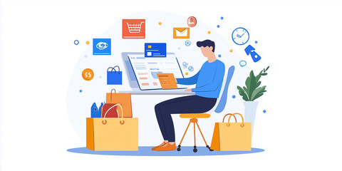Fototapeta premium Preisstrategie und Geschäftsplanungskonzept. Geschäftsmann arbeitet an einer digitalen Schnittstelle mit Symbolen für globalen Handel, Kostenanalyse, Rabatte und Verkaufsoptimierung. E-Commerce, Preis