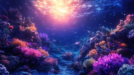 Obraz premium A vibrant alien coral reef glowing under an underwater alien sun