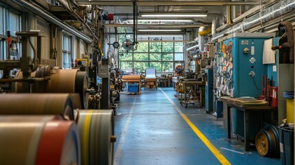 Factory interior with machinery, tools, and materials.