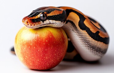 Fototapeta premium Close-Up of a Ball Python Coiled Around a Bright Red Apple on a White Background, Symbolizing the Harmony Between Nature and Nutrition in a Playful Concept