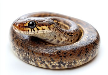 Obraz premium Close-Up of a Beautiful Brown and Yellow Python Coiled Gracefully on a White Background, Showcasing its Stunning Scales and Serpentine Shape