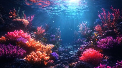 A vibrant alien coral reef glowing under an underwater alien sun