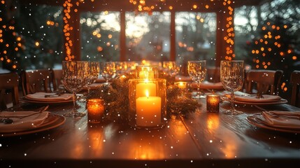 Obraz premium Cozy dining setup with candles and festive decor.