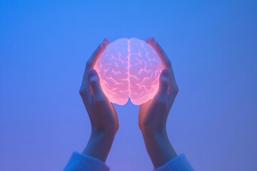 Hands Holding Glowing Brain Symbol in Soothing Blue Light