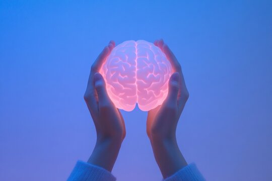 Hands Holding Glowing Brain Symbol in Soothing Blue Light
