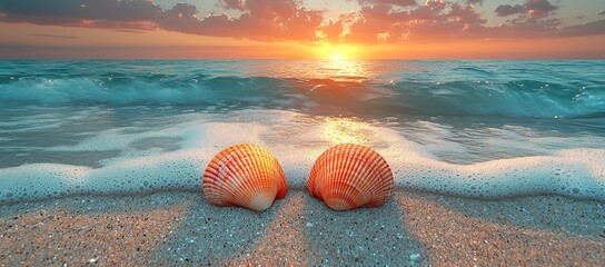 Two seashells on sandy beach at sunset.