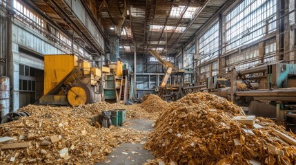 Abandoned industrial factory interior with wood shavings and machinery.