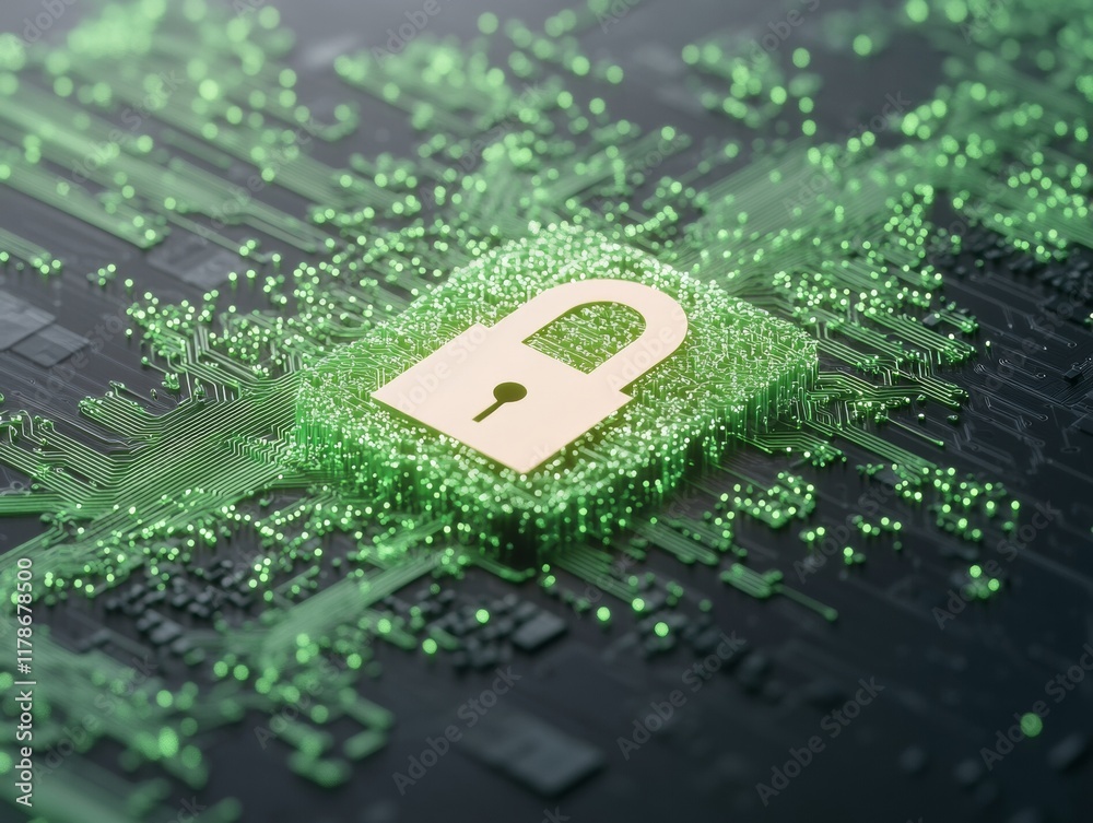 Poster futuristic digital lock symbol with neon green circuits on matte black background