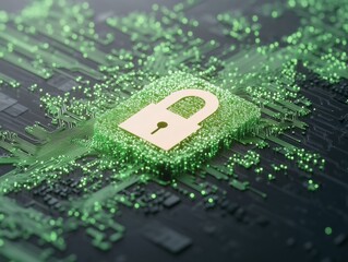 Futuristic Digital Lock Symbol with Neon Green Circuits on Matte Black Background