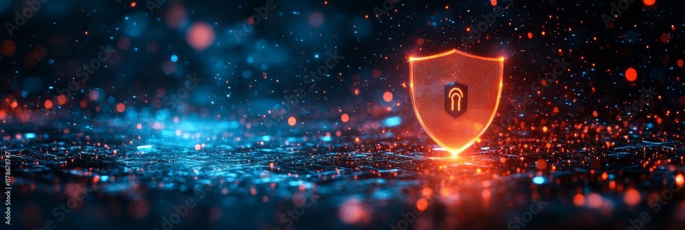 Aufkleber futuristic cybersecurity concept with neon shield and digital symbols in cold minimalist background