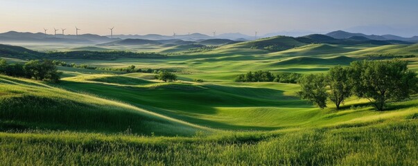 Obraz premium This breathtaking landscape showcases rolling green hills under a soft morning light, punctuated by gentle shadows and wind turbines in the distance, epitomizing tranquility and natural beauty.