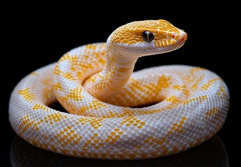 Fototapeta premium Close-Up of a Captivating Yellow and White Snake with Unique Patterns Set Against a Black Background Displaying Natural Beauty and Intricate Details