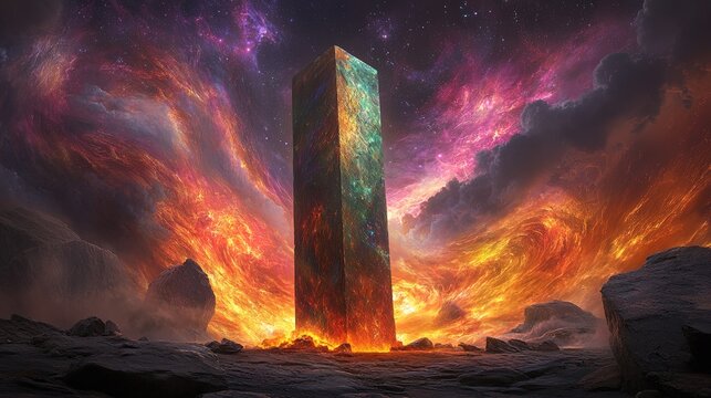 A towering alien monolith surrounded by swirling cosmic energy under a vibrant aurora