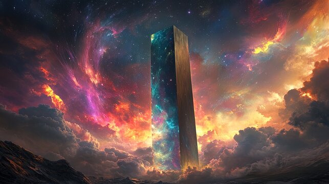 A towering alien monolith surrounded by swirling cosmic energy under a vibrant aurora