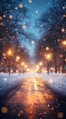 Naklejka premium Blurred glowing bokeh lights softly illuminate a quiet winter forest road surrounded by snow-covered trees creating a serene and magical ambiance