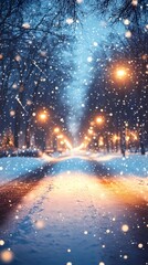 Blurred glowing bokeh lights softly illuminate a quiet winter forest road surrounded by snow-covered trees creating a serene and magical ambiance