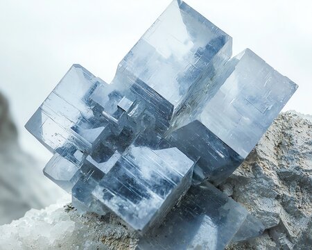 Close-up of celestite crystal cluster on a white background, pale blue crystals, geometric angles, detailed mineral structure