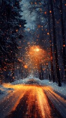 Blurred glowing bokeh lights softly illuminate a quiet winter forest road surrounded by snow-covered trees creating a serene and magical ambiance