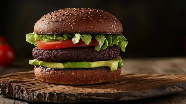 A delicious gourmet burger featuring a juicy patty, fresh lettuce, ripe tomato, creamy avocado slices, and a sesame seed bun, presented on a rustic wooden surface with tomatoes in the background