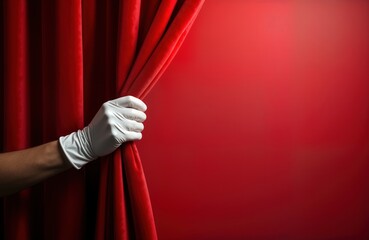 Hand in white glove pulls back luxurious red curtain. Grand reveal of new beginning event. Symbolic announcement launch. Elegant scene. Exciting anticipation, mystery. Formal ceremony premiere.