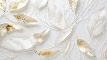 A seamless 3D wallpaper design featuring delicate white leaves and elegant gold leaves arranged in a harmonious pattern.
