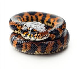 Obraz premium Close-Up of a Colorful Snake with Distinctive Patterns and Shiny Scales, Captured Against a White Background for Nature Enthusiasts and Wildlife Photography