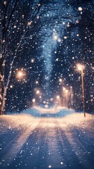Blurred glowing bokeh lights softly illuminate a quiet winter forest road surrounded by snow-covered trees creating a serene and magical ambiance