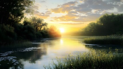Naklejka premium Serene river landscape at sunrise with lush greenery.